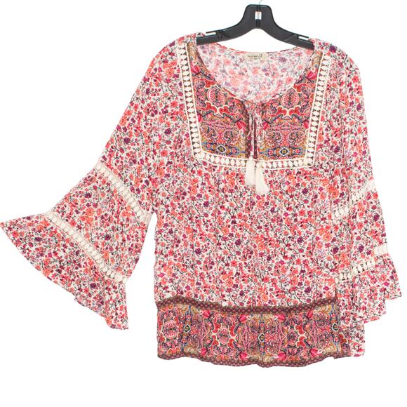 One World Top Floral Boho Cottage Peasant Fairy Romantic Feminine Prairie Large - Picture 1 of 7